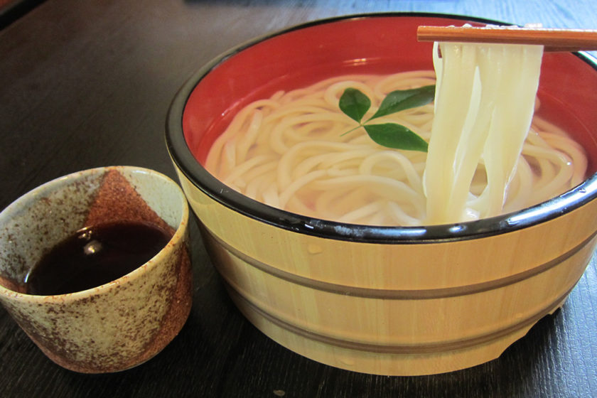 Tarai Udon served in a wooden tub, made from local wheat flour